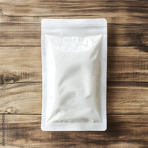 A plain white matte ziplock pouch displayed on a simple wooden surface creating a clean and minimal product presentation