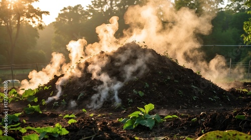Compost pile steaming in the morning light demonstrates natural decomposition process