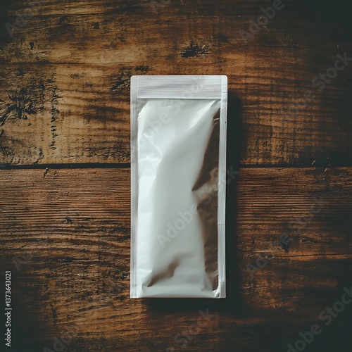 A simple and clean white matte ziplock pouch placed on a rustic natural wooden background with a minimalist commercial presentation