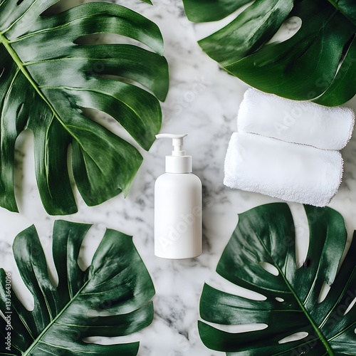Lush tropical leaves surrounding a clean white beauty product bottle mockup on a minimalist marble background showcasing natural skincare and wellness concepts