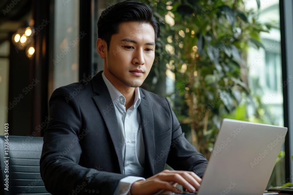 Businessman typing on computer, wearing suit and tie, focusing on screen Businessman typing on computer, wearing suit and tie, focusing on screen