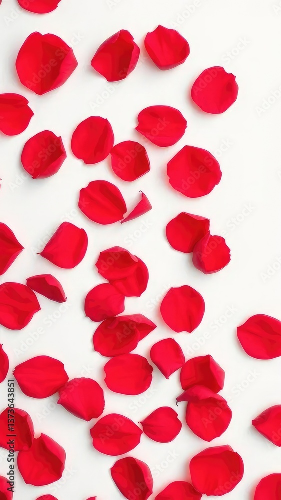 Delicate red rose petals scattered on a pristine white background, roses, blooming, white background Delicate red rose petals scattered on a pristine white background, roses, blooming, white background