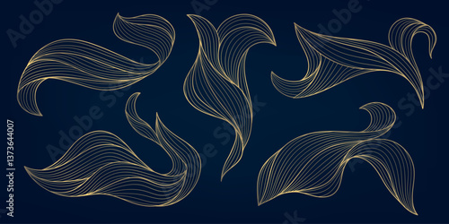 Vector set of gold line wave shapes, curve flow, cloud illustrations isolated. Leaves, swirl premium elements. Elegant patterns for design