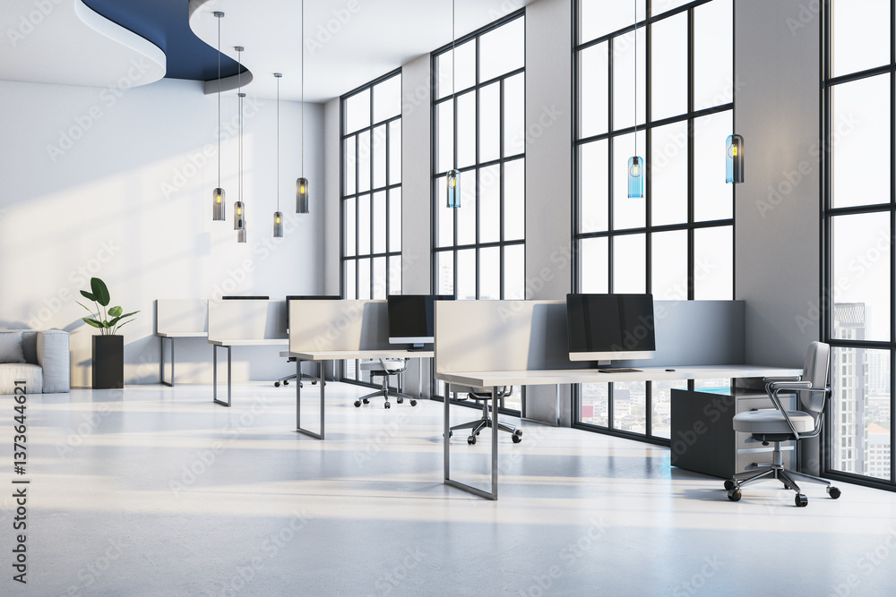 Modern office interior with large windows and city view. 3D Rendering Modern office interior with large windows and city view. 3D Rendering