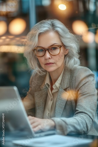 Free Download Woman in glasses working on a laptop, focused on her screen in an office environment with soft lighting. - GFXLoad