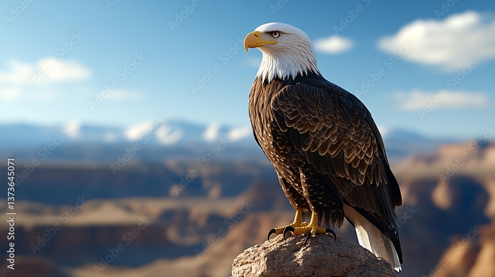 Fototapeta premium Majestic Bald Eagle Perched on Rocky Outcrop Overlooking Canyon View