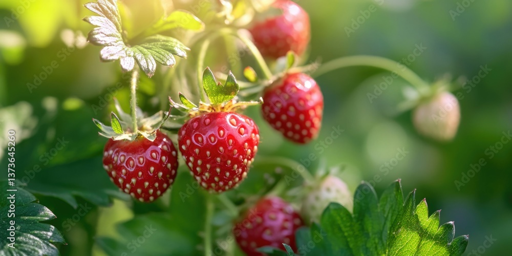 Close-up of fresh red strawberries on green leaves, basking in sunlight with blurred background emphasizing the fruit's vivid color. Close-up of fresh red strawberries on green leaves, basking in sunlight with blurred background emphasizing the fruit's vivid color.