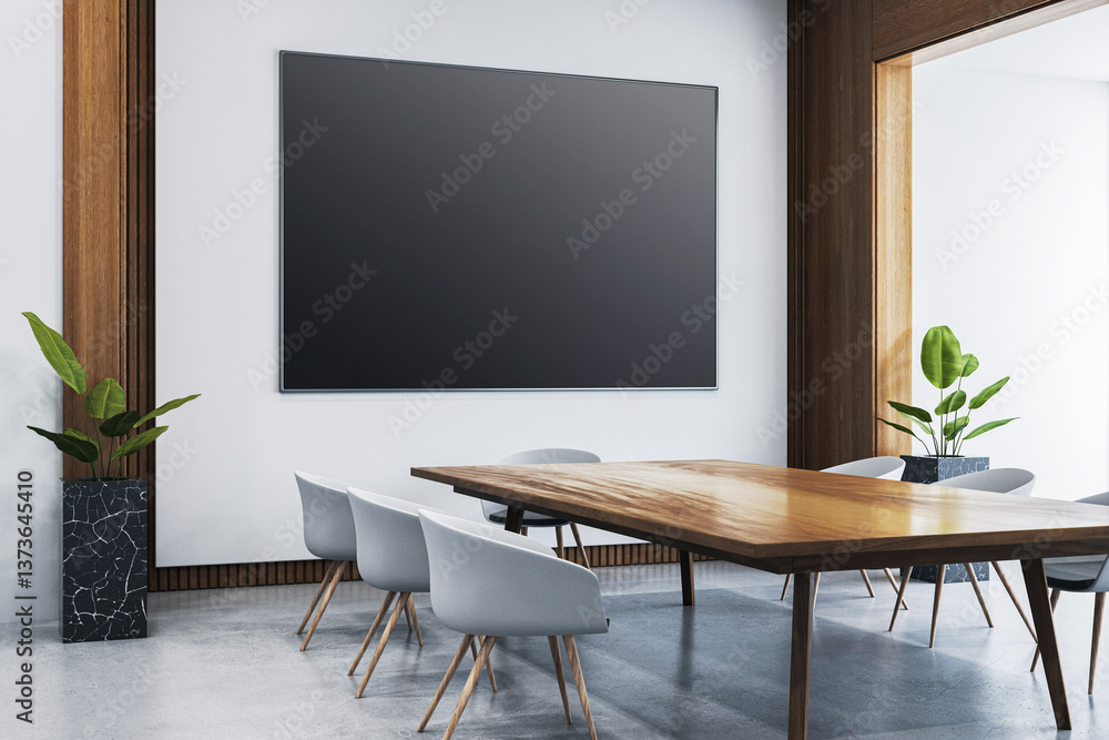 Modern conference room interior with blank black screen on the wall, wooden table, grey chairs, and minimalist decor in a clean office space. 3D Rendering Modern conference room interior with blank black screen on the wall, wooden table, grey chairs, and minimalist decor in a clean office space. 3D Rendering