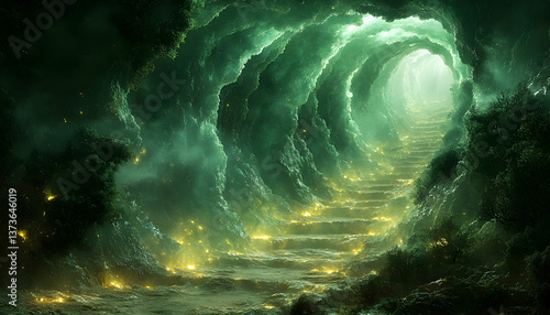 Green cave pathway fantasy illustration