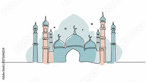 Presentation of Moon, star, mosque, prayer hands as a symbol of holy Eid, Eid Mubarak in continuous single line drawing concept isolated on white background.
