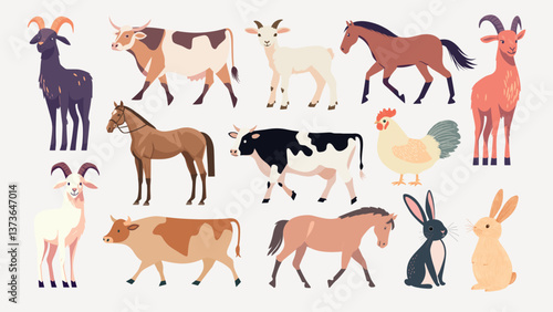 Colorful farm animals cartoon, vector element set
