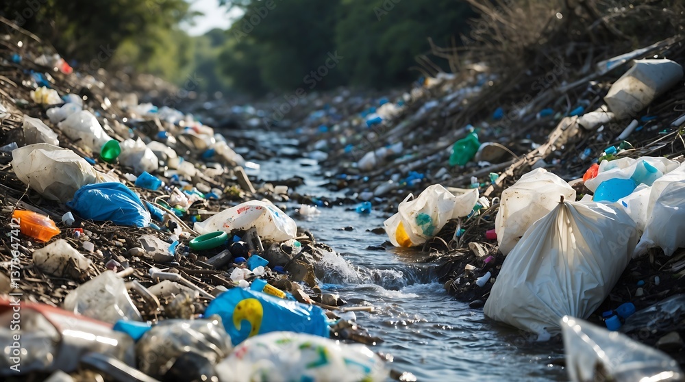Obraz premium Riverbed covered with plastic waste highlighting the impact of climate change