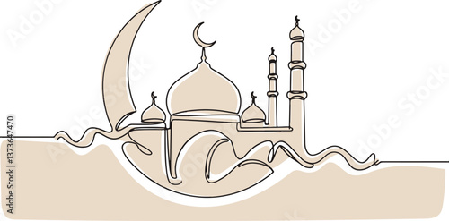 Presentation of Moon, star, mosque, prayer hands as a symbol of holy Eid, Eid Mubarak in continuous single line drawing concept isolated on white background.
