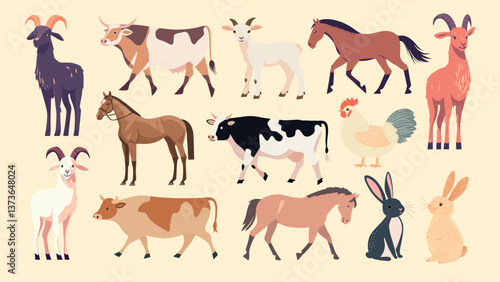 Colorful farm animals cartoon, vector element set