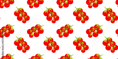 Bright red tomatoes arranged in a repeating pattern on a white background suitable for fabric or wallpaper design