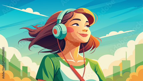 Beautiful smilig female traveller has leisure time, enjoys online communication, connected to headphones, listens music from playlist, wears casual white t shirt and green shirt, carries 