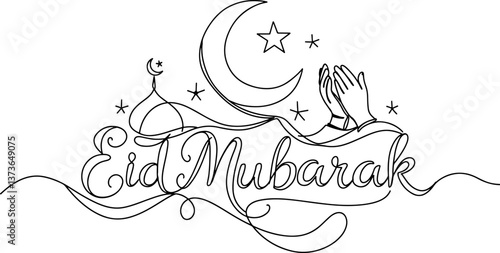 Presentation of Moon, star, mosque, prayer hands as a symbol of holy Eid, Eid Mubarak in continuous single line drawing concept isolated on white background.
