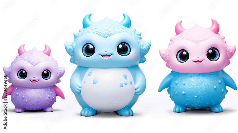 Fototapeta premium Three little colorful monsters surrounded by pastel hues and glittering accents in a delightfully whimsical scene