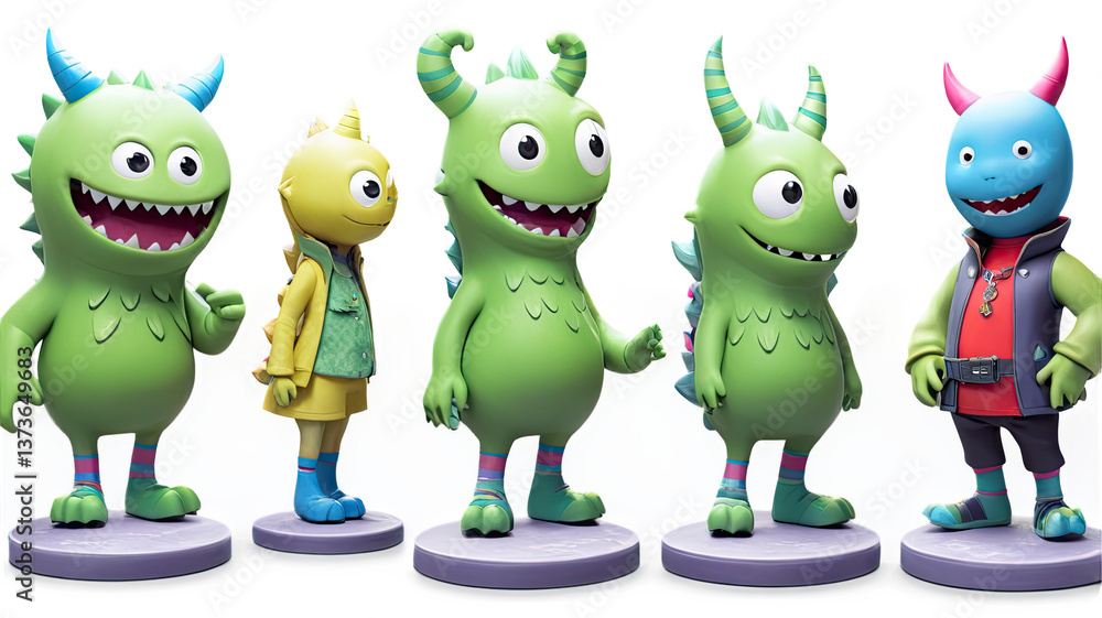 A colorful group of kawaii monster figurines displayed together on a shelf in a whimsical and charming setting A colorful group of kawaii monster figurines displayed together on a shelf in a whimsical and charming setting