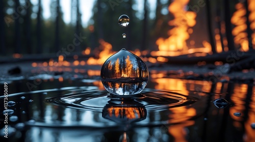 Fototapeta Naklejka Na Ścianę i Meble -  Reflection of a forest within a water droplet amidst a fire