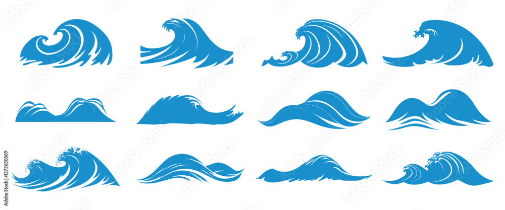 Stylized blue ocean wave illustrations, isolated element set vector Stylized blue ocean wave illustrations, isolated element set vector