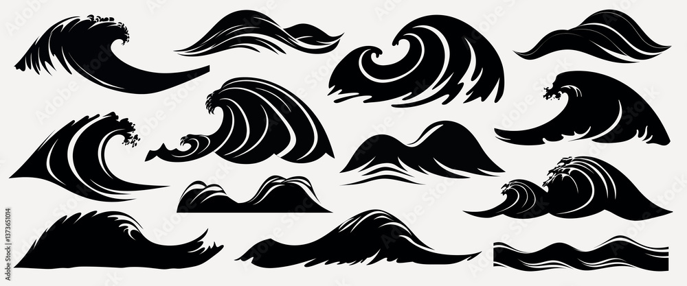 Fototapeta premium Stylized black wave illustrations, isolated element set vector