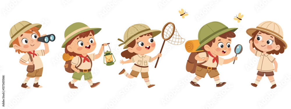 Fototapeta premium Happy cute kids summer camp holiday set. Scouting kids set. Cute little boy and girl scouts in uniform with camping equipment cartoon vector illustration