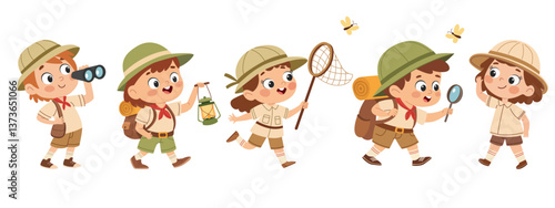 Happy cute kids summer camp holiday set. Scouting kids set. Cute little boy and girl scouts in uniform with camping equipment cartoon vector illustration