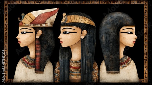 Three Ancient Egyptian Women in Profile Dark Background, Intricate Headdresses