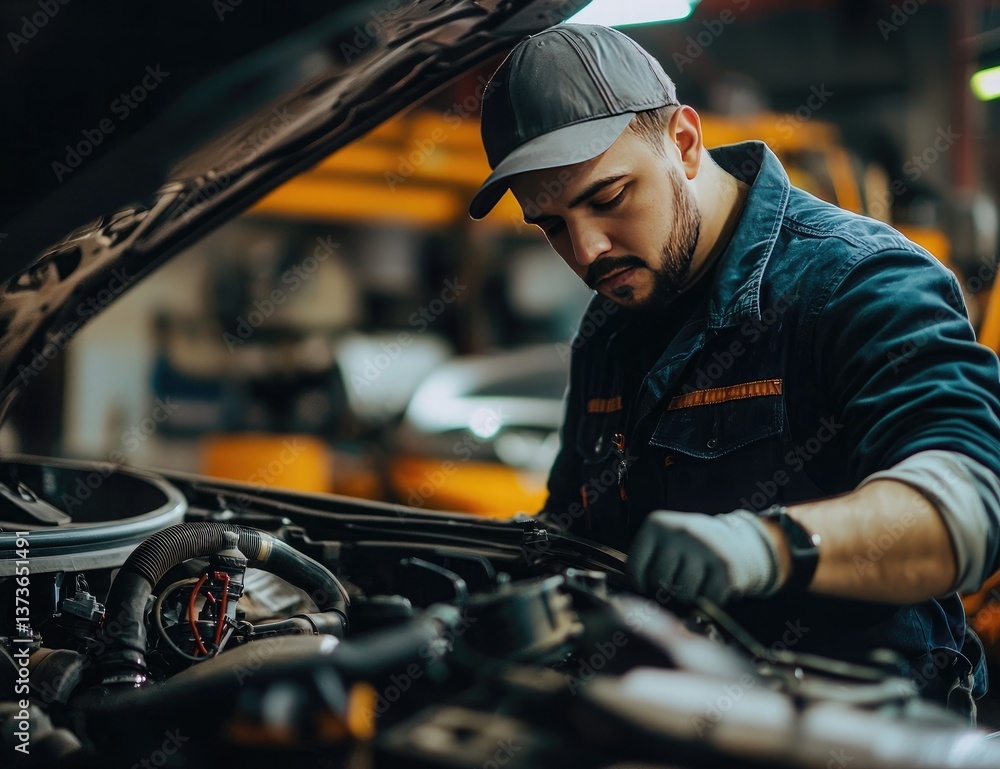An Handsome man, a mechanic wearing is working on a car engine under an open hood An Handsome man, a mechanic wearing is working on a car engine under an open hood