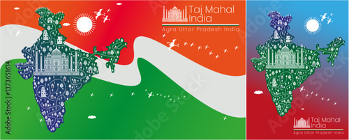 Taj Mahal in indian flag, Taj Mahal Agra Up india, indian map, poster art, poster banner design.ai Tribal art wall painting, vector illustration