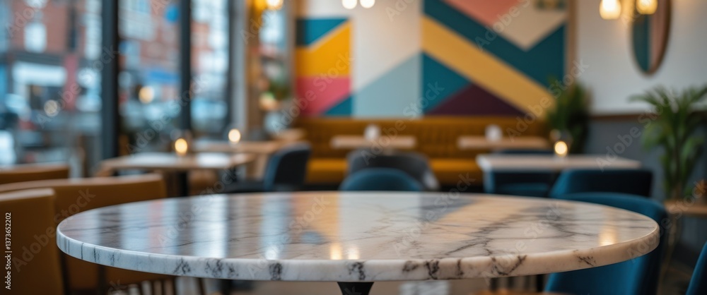 Obraz premium vibrant dining area with marble table, chairs, and colorful wall design