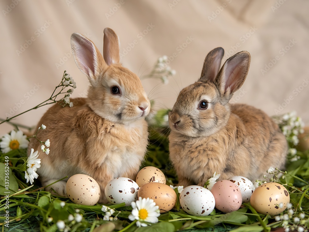 Obraz premium Adorable Easter rabbits with decorative eggs and flowers, Easter holiday photography, cute bunny animals in festive setting, easter celebration theme, professional high-quality holiday stock photo