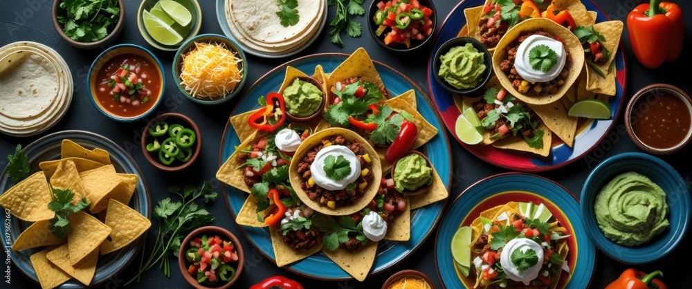 delightful close-up of table with plates of food and bowls of dips delightful close-up of table with plates of food and bowls of dips