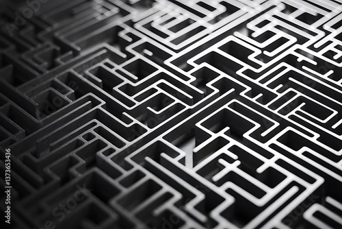 A detailed view showcases a complex arrangement of interconnected shapes and lines, creating an artistic pattern on a dark background. The monochrome highlights depth and intricacy.