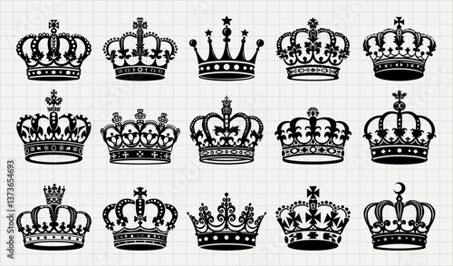 Elegant vintage crown illustrations, isolated vector set