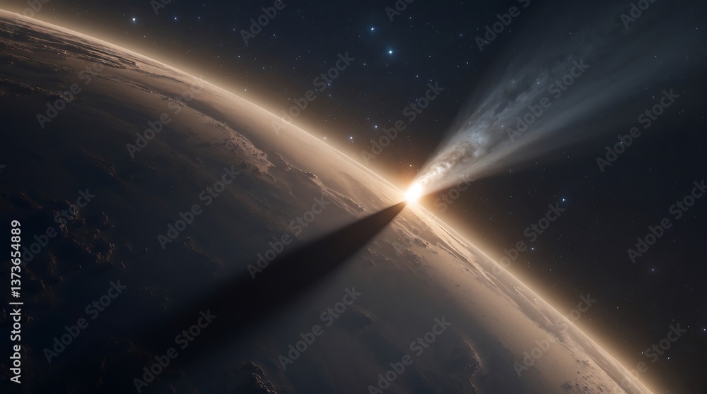 Obraz premium Comet approaches Earth with bright tail illuminating the dark sky at dusk