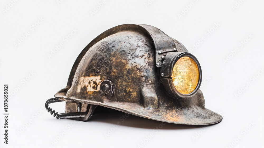 Fototapeta premium Against a crisp white backdrop, the old-world charm of the miner's helmet shines—its brass fittings and weathered patina whispering stories of dark, dangerous depths.