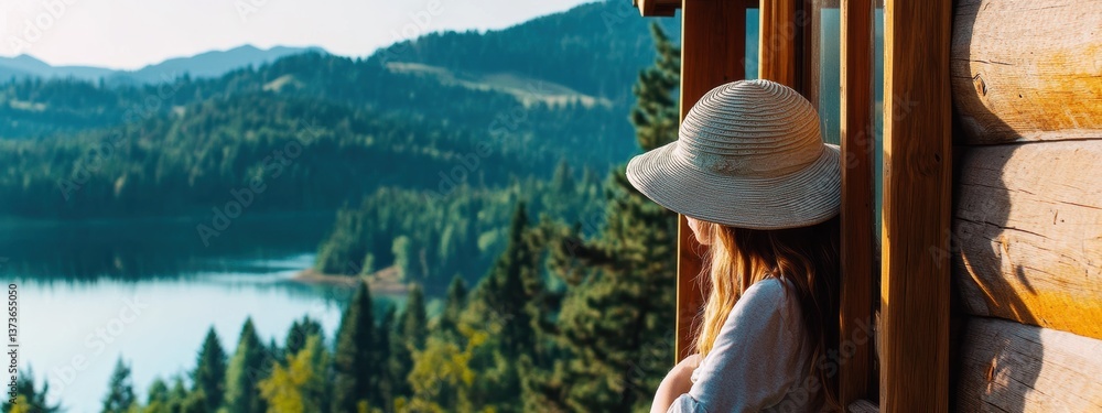 Girl in a Hat by the Window in a Cozy Cabincore Scene with Forest View