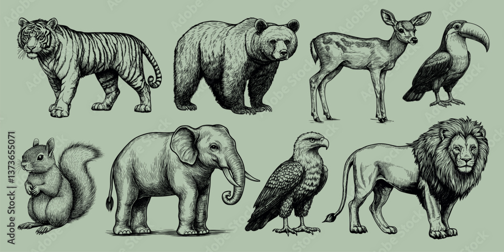 Fototapeta premium Vintage wildlife illustration collection, isolated vector set