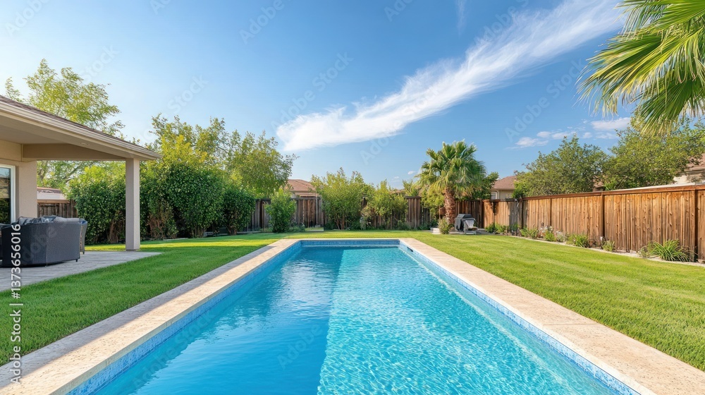 Obraz premium Luxury Backyard Oasis: Sparkling Pool and Lush Greenery
