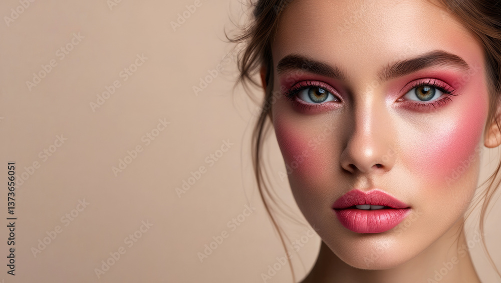 A woman with pink lipstick and green eyeshadow A woman with pink lipstick and green eyeshadow