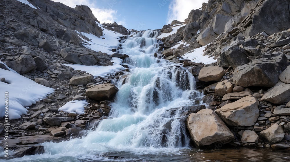 Early snowmelt creates cascading water flow down a mountainside in spring Early snowmelt creates cascading water flow down a mountainside in spring