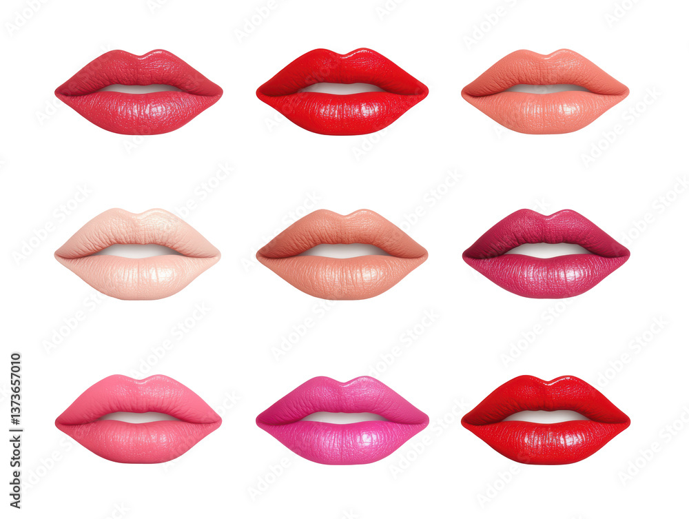 Obraz premium Various lip colors for makeup design and beauty trends on a transparent background, cut out
