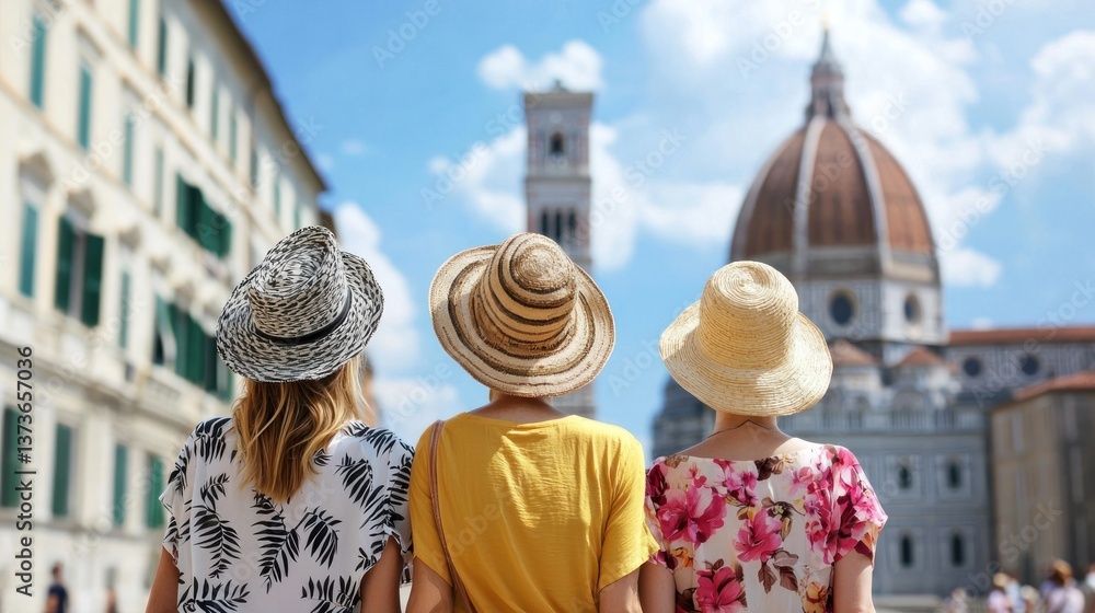 Obraz premium Summer sightseeing tourists at iconic florence cathedral travel photography in vibrant city bright day