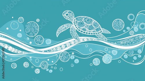 Intricate sea turtle illustration with abstract waves and circles on teal background