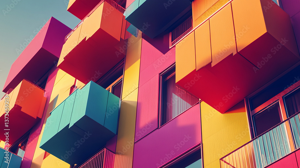 Fototapeta premium Colorful apartment facade with blocky balconies creates vibrant urban scene