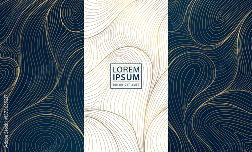Vector set of abstract gold line background, white and dark blue luxury labels, water waves, leaves, organic shapes illustrations. Art deco package banners, wine elegant design, wedding invitations