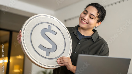 Person Holding a Large Coin with a Checkmark – Depicting financial success and planning completion.