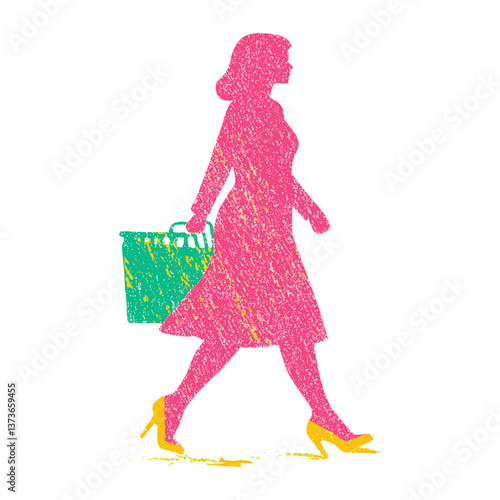 Side woman walking shopping art bag vector
